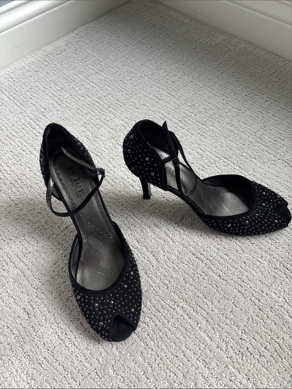 Richard Tyler Black Studded Peep-Toe Ankle-Strap Heels
